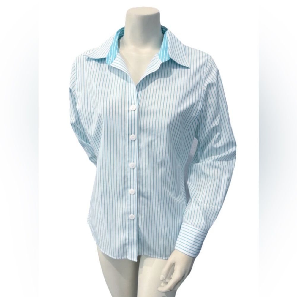 Foxcroft Women’s 12 Non Iron Aqua White Stripe Button Front Shirt Blouse Fitted